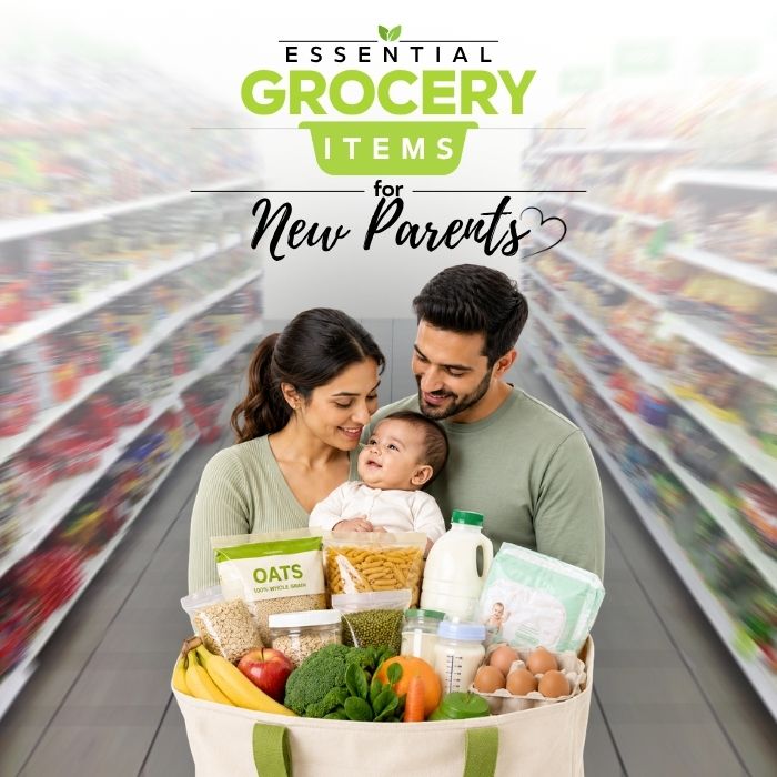 Essential grocery items for new parents including healthy foods, snacks, baby supplies, and pantry staples